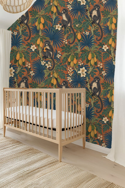 Soft white tropical flowers interspersed among green and blue foliage on rich orange background