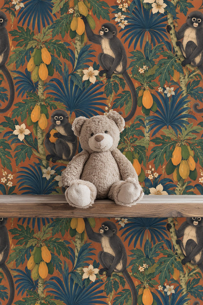 Arched doorway next to expressive monkey wallpaper design in warm tropical palette