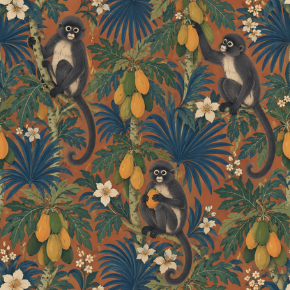 Relaxed indoor setting illuminated by natural light showcasing colorful wallpaper with monkeys