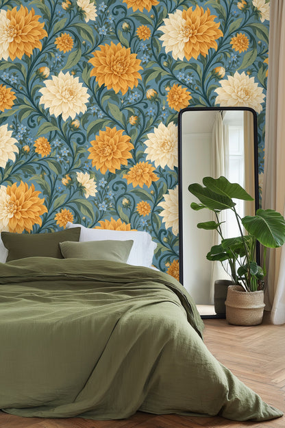 Close-up of wallpaper showing swirling green leaves and small blue flowers