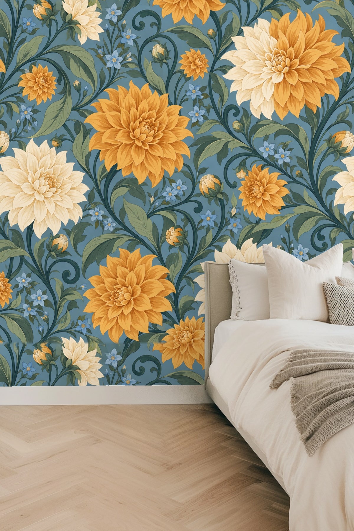 Amber dahlia bud and blue flower wallpaper detail