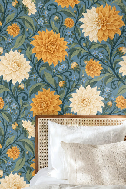 Living room featuring wallpaper with amber and cream dahlias and orange sofa