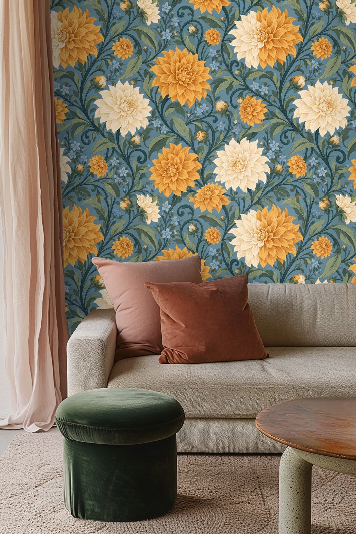 Wallpaper accent wall behind orange sofa and modern white coffee table