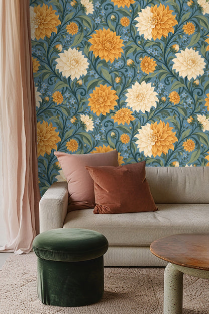 Wallpaper accent wall behind orange sofa and modern white coffee table