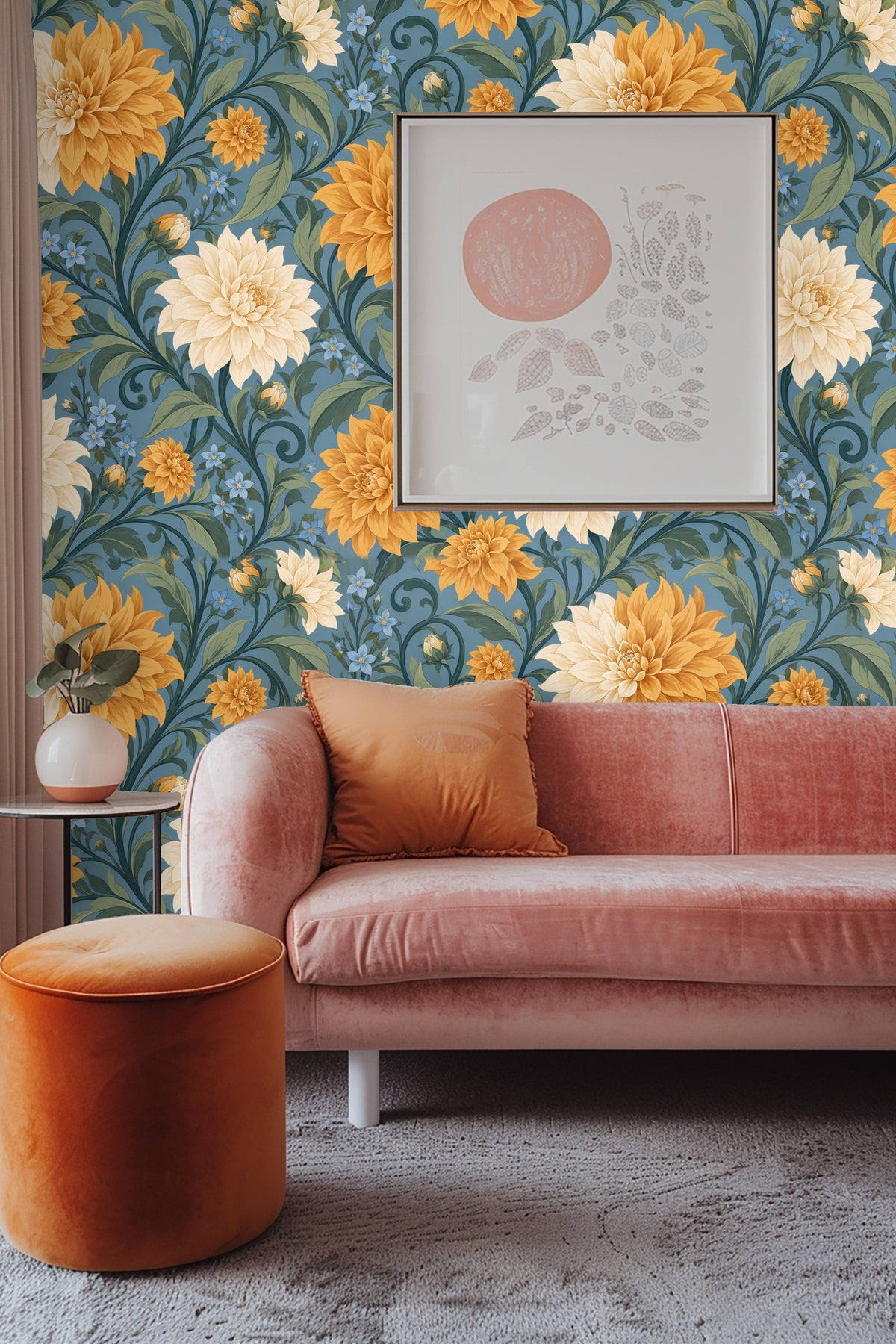Blue floral wallpaper with vintage-style botanical design