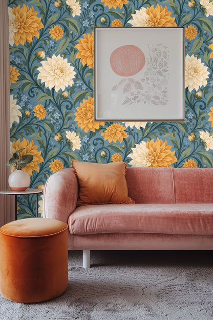 Blue floral wallpaper with vintage-style botanical design