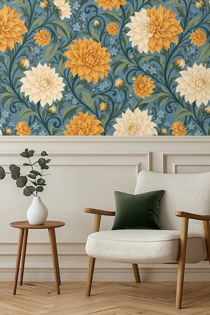 Swirling botanical pattern with large dahlias and green leaves