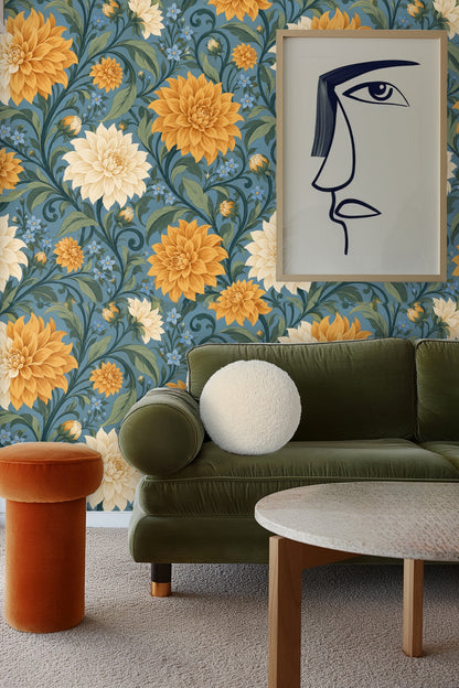 Bedroom wall with wallpaper of amber and cream dahlias and green leaves