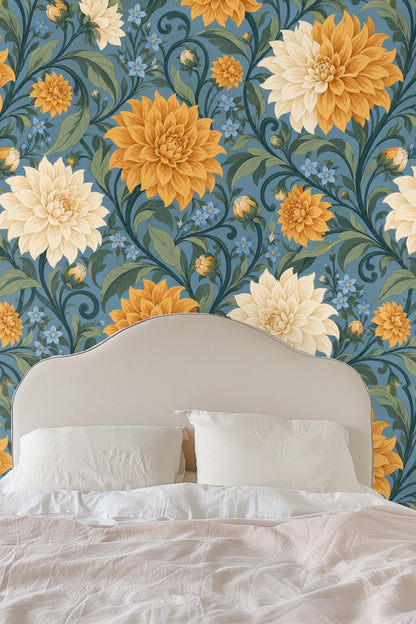 Patterned wallpaper in bedroom setting with rattan headboard