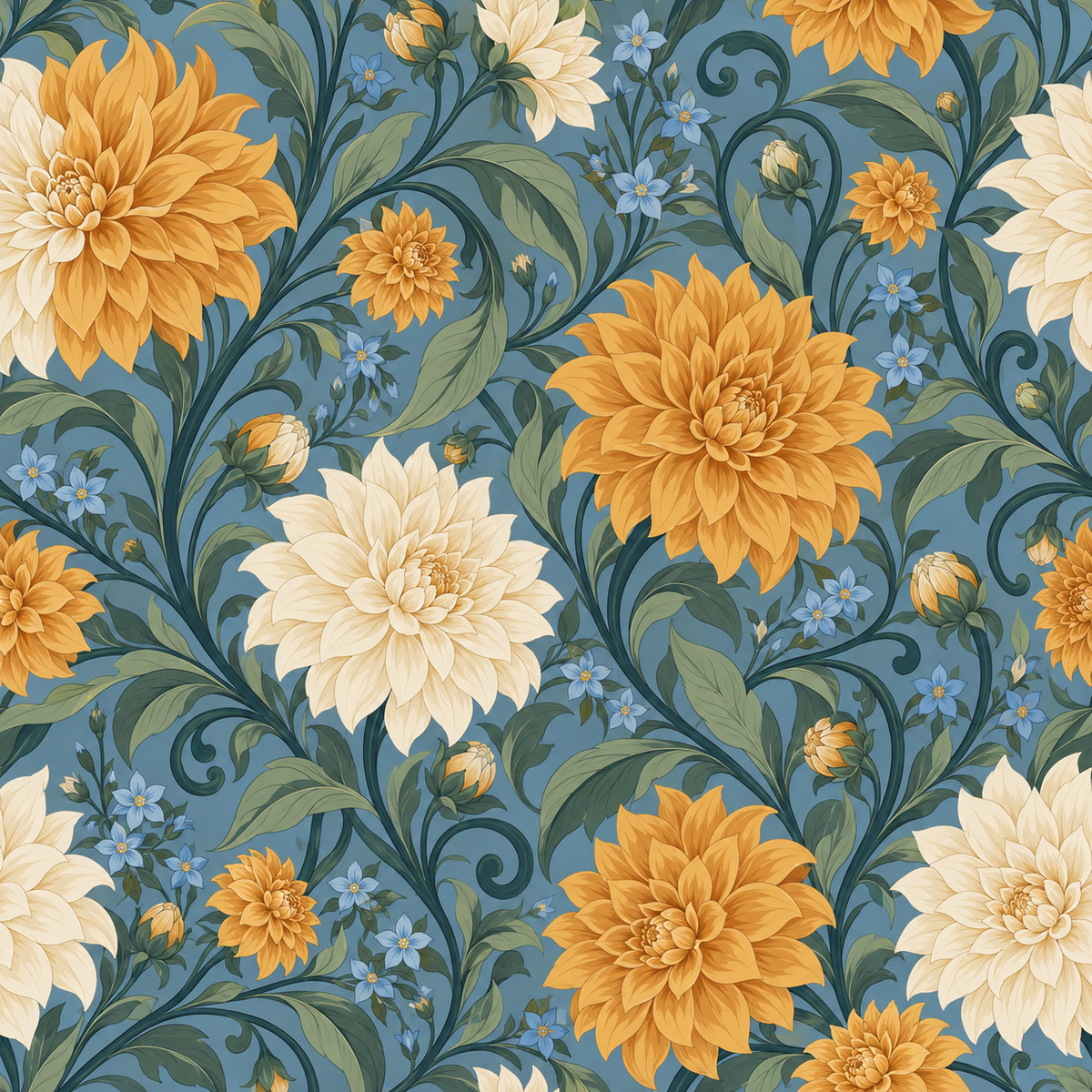 Pattern repeat example of amber and cream dahlia floral wallpaper