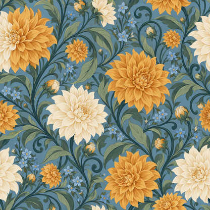 Pattern repeat example of amber and cream dahlia floral wallpaper