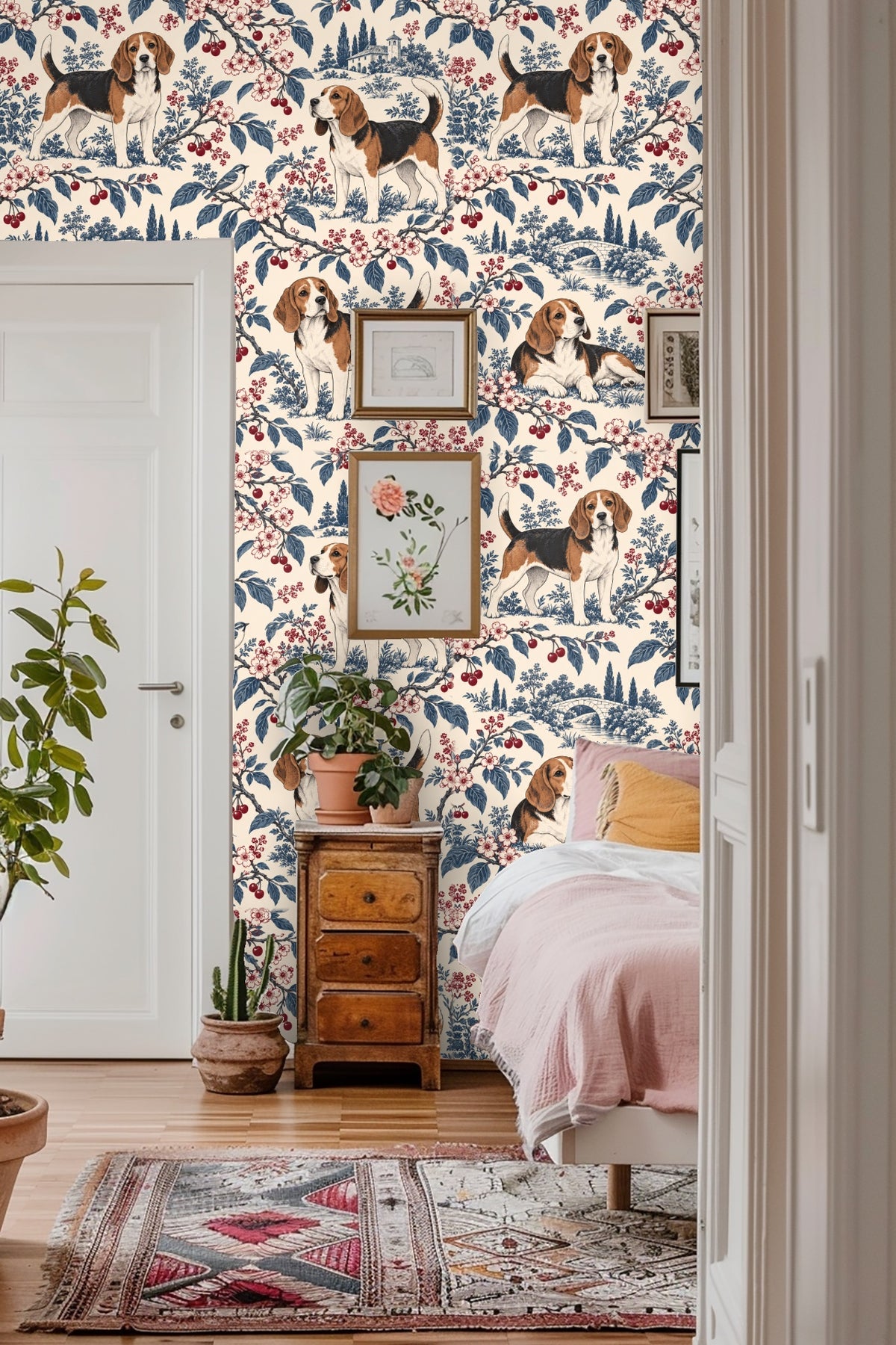 Blue and red cherry blossom branches framing alert beagles in a scenic toile design.