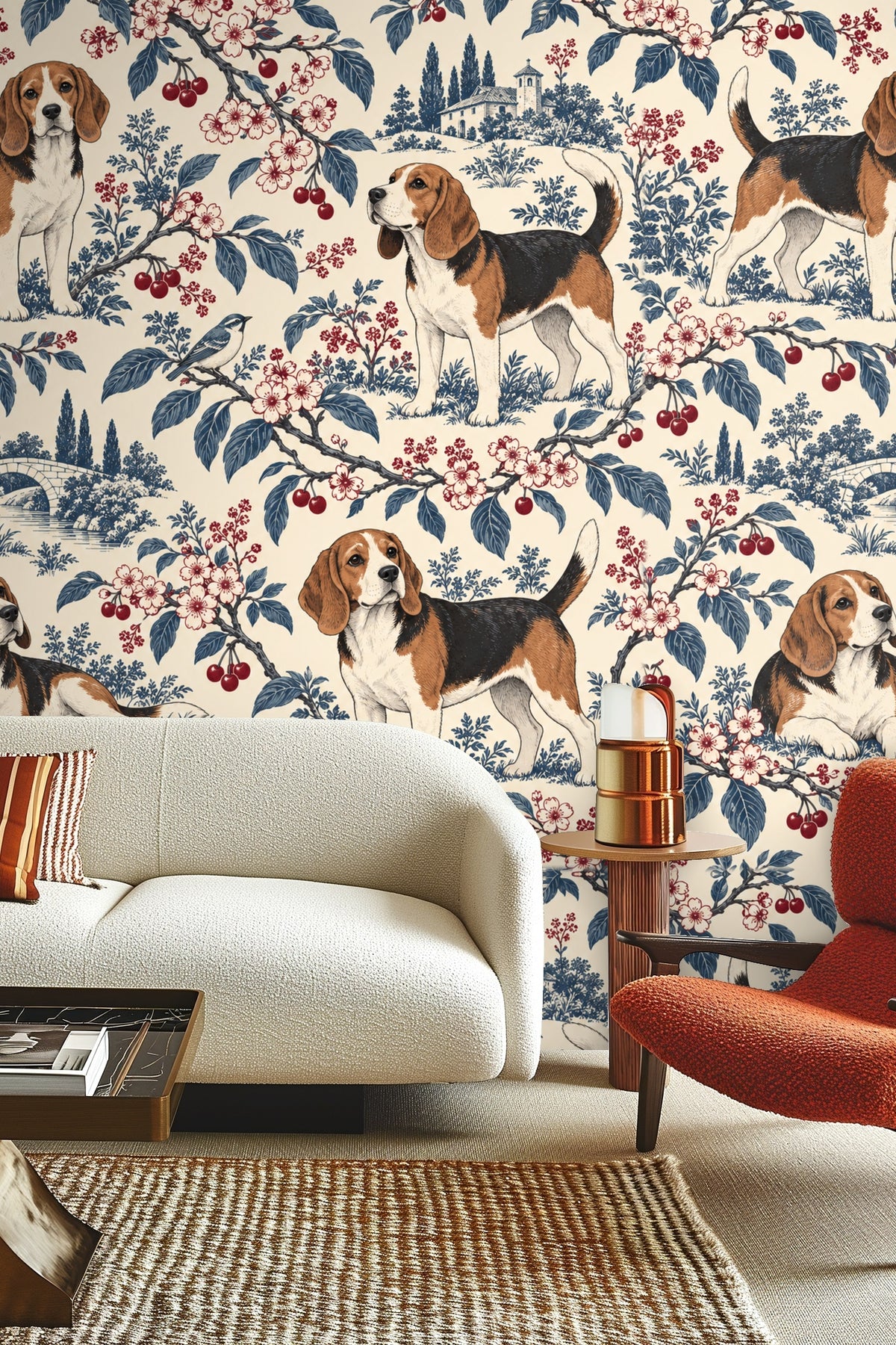 Wallpaper close-up showing beagle dog illustrations with cherry branches and blue florals on cream background.