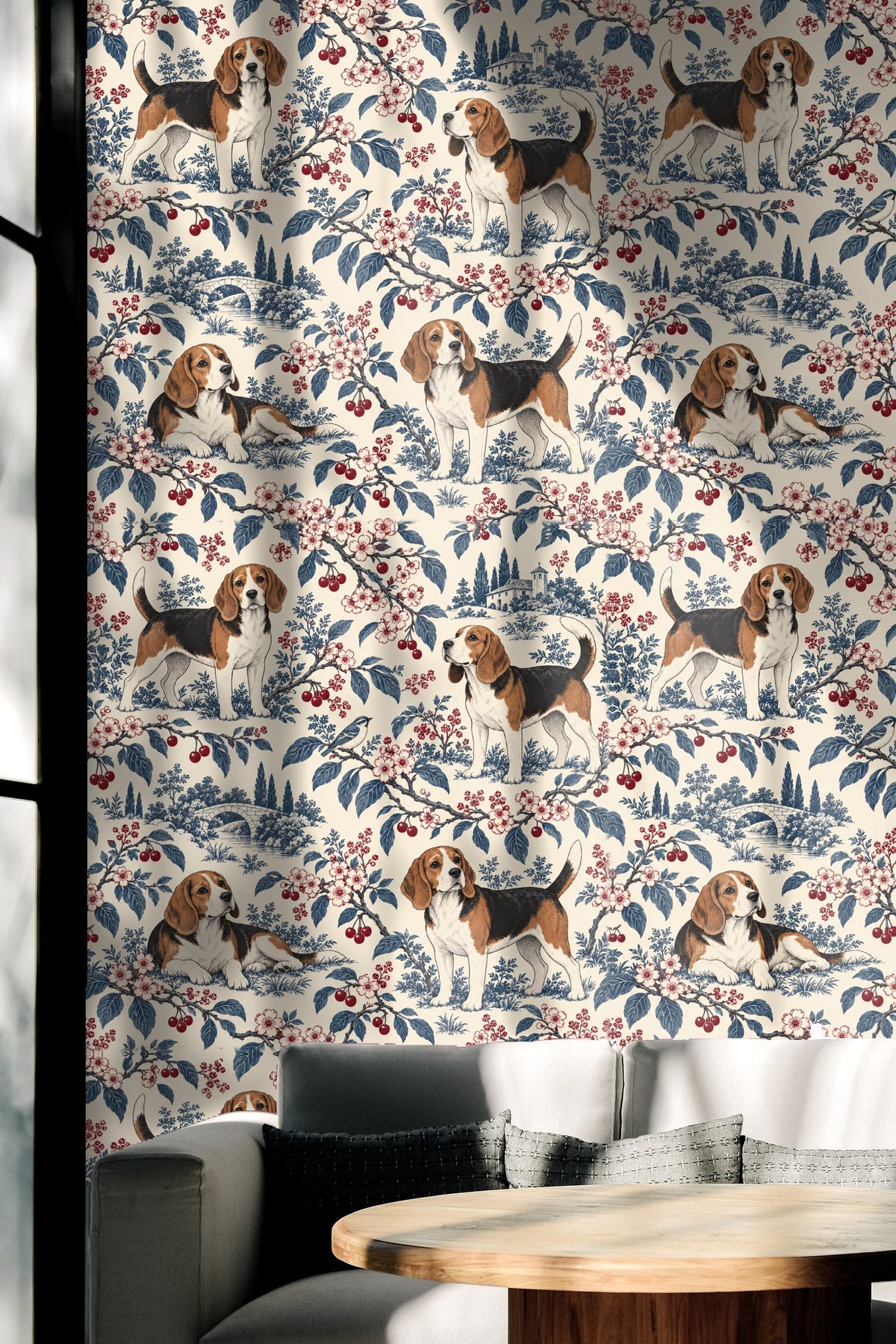 Decorative wallpaper used in a mid-century modern style living space with plush velvet seating.
