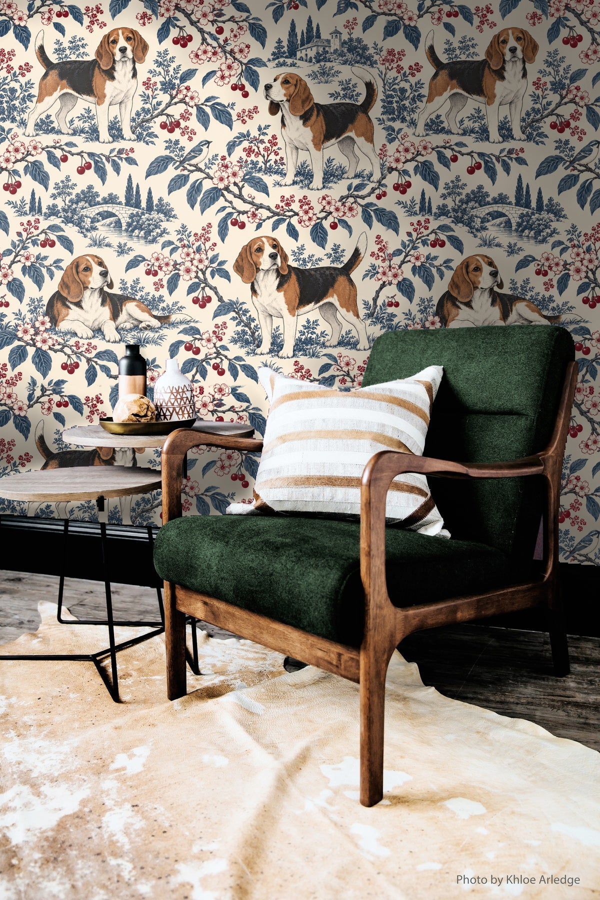 Pattern repeat showing intertwined cherry branches and dogs in multiple poses.