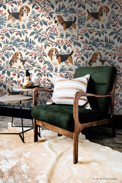 Pattern repeat showing intertwined cherry branches and dogs in multiple poses.