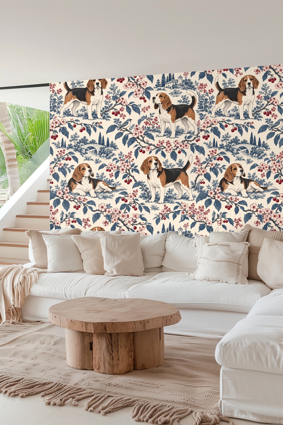 Bird perched on twig among cherry blossoms on wallpaper with soft cream background.