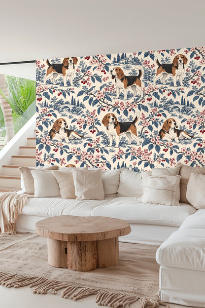 Bird perched on twig among cherry blossoms on wallpaper with soft cream background.