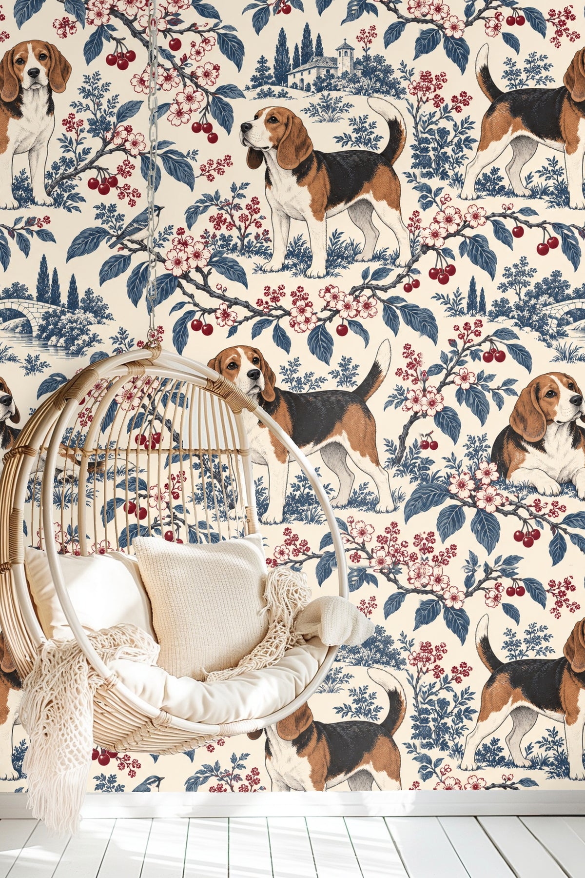 Cherry Orchard Beagle Toile wallpaper detail with dogs standing and lying among cherry branches and flora.