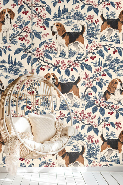 Cherry Orchard Beagle Toile wallpaper detail with dogs standing and lying among cherry branches and flora.