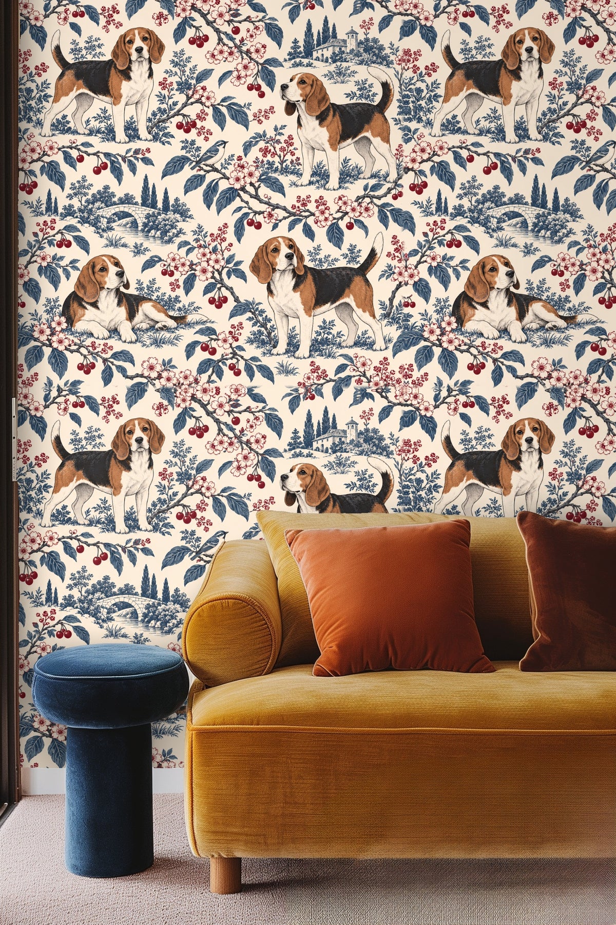 Living room with curved white sofa and wallpaper featuring beagles, cherries, and floral branches in a boho style.
