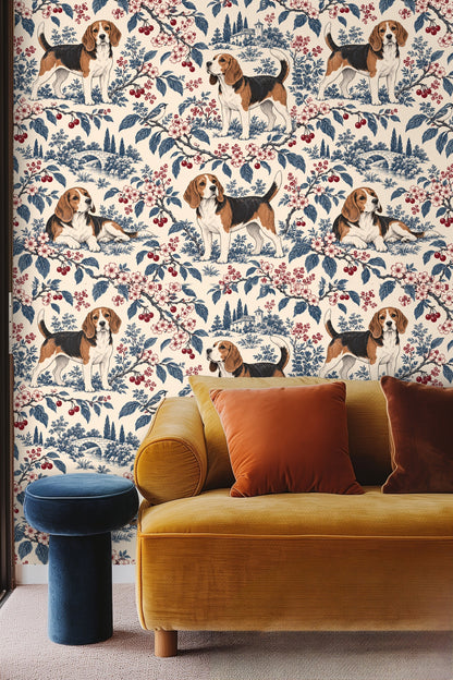 Living room with curved white sofa and wallpaper featuring beagles, cherries, and floral branches in a boho style.