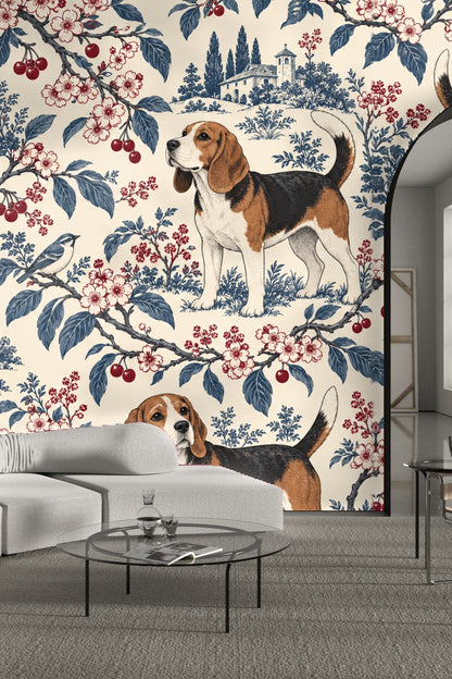 Beagle dogs illustrated in naturalistic style with light shading and classic toile composition.