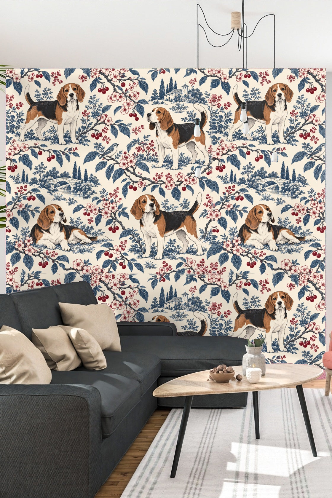 Detailed botanical elements in navy blue contrasting warm brown and white beagle figures.