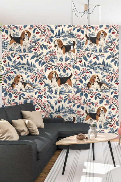 Detailed botanical elements in navy blue contrasting warm brown and white beagle figures.