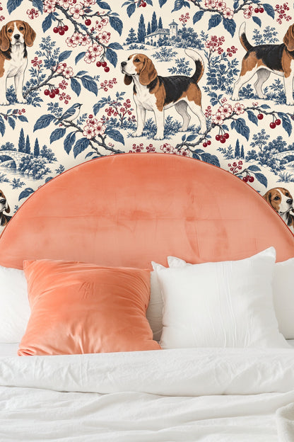 Cozy living area with yellow couch and wall covered in scenic beagle wallpaper with blue trees, blossoms, and fruit branches.