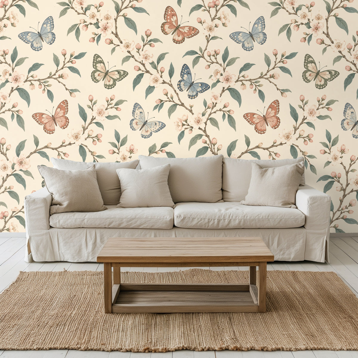 Bedroom scene with patterned accent wall behind a neutral bed, illustrating the wallpaper's medium-scale repeat and soft color palette