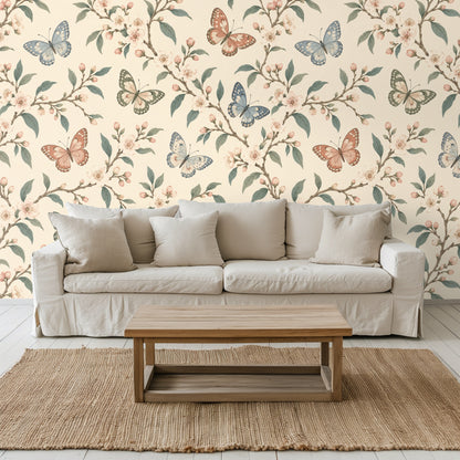 Bedroom scene with patterned accent wall behind a neutral bed, illustrating the wallpaper's medium-scale repeat and soft color palette