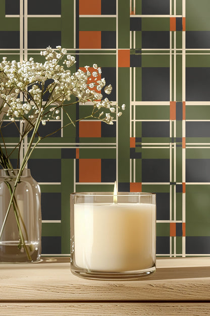 Moss Cinder Interlace wallpaper original artwork pattern detail showing green, black, ivory and rust intersecting lines