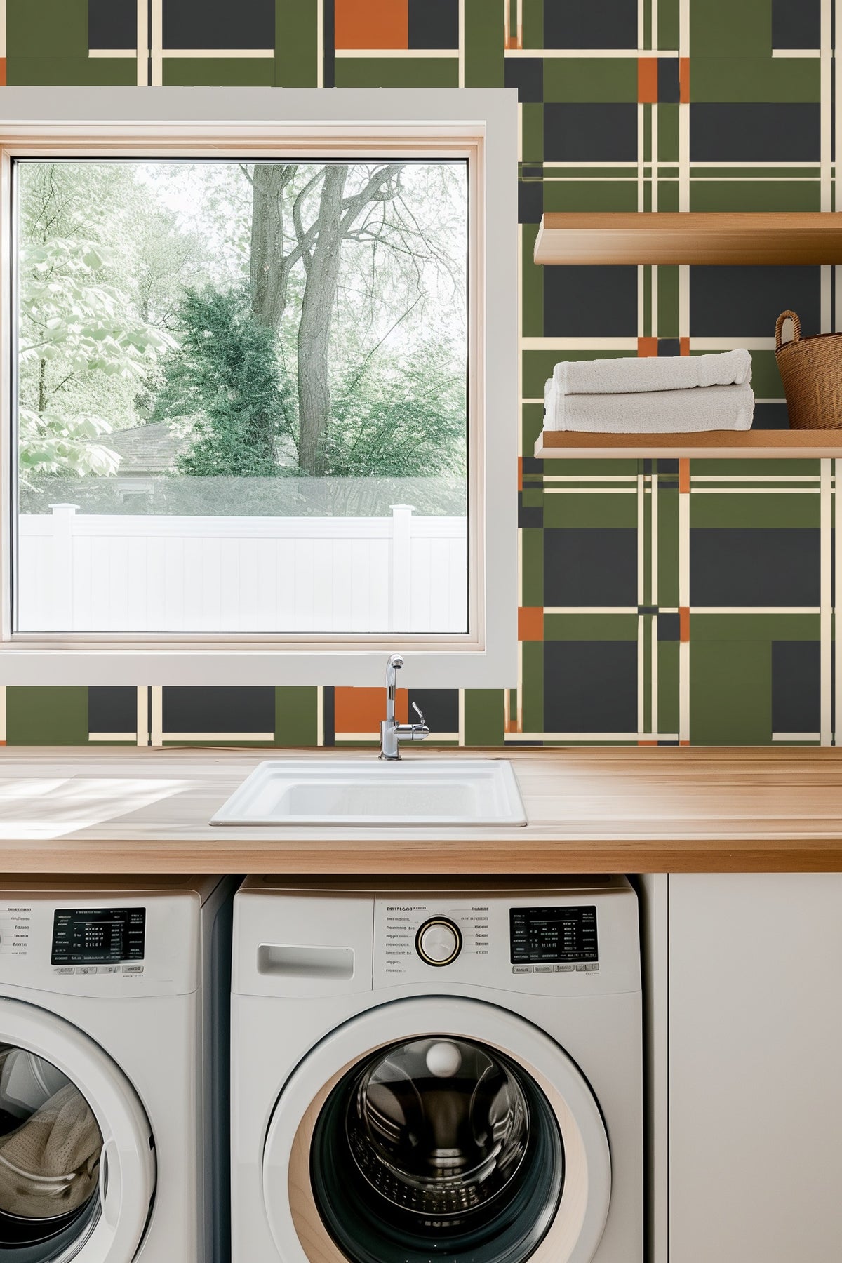 Section of wall showing the contrast of moss green and rust blocks with ivory lines in the wallpaper