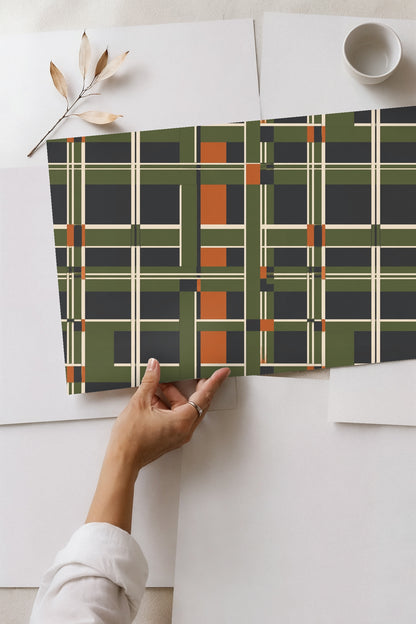 Detail of the wallpaper pattern next to a natural wood shelf installation