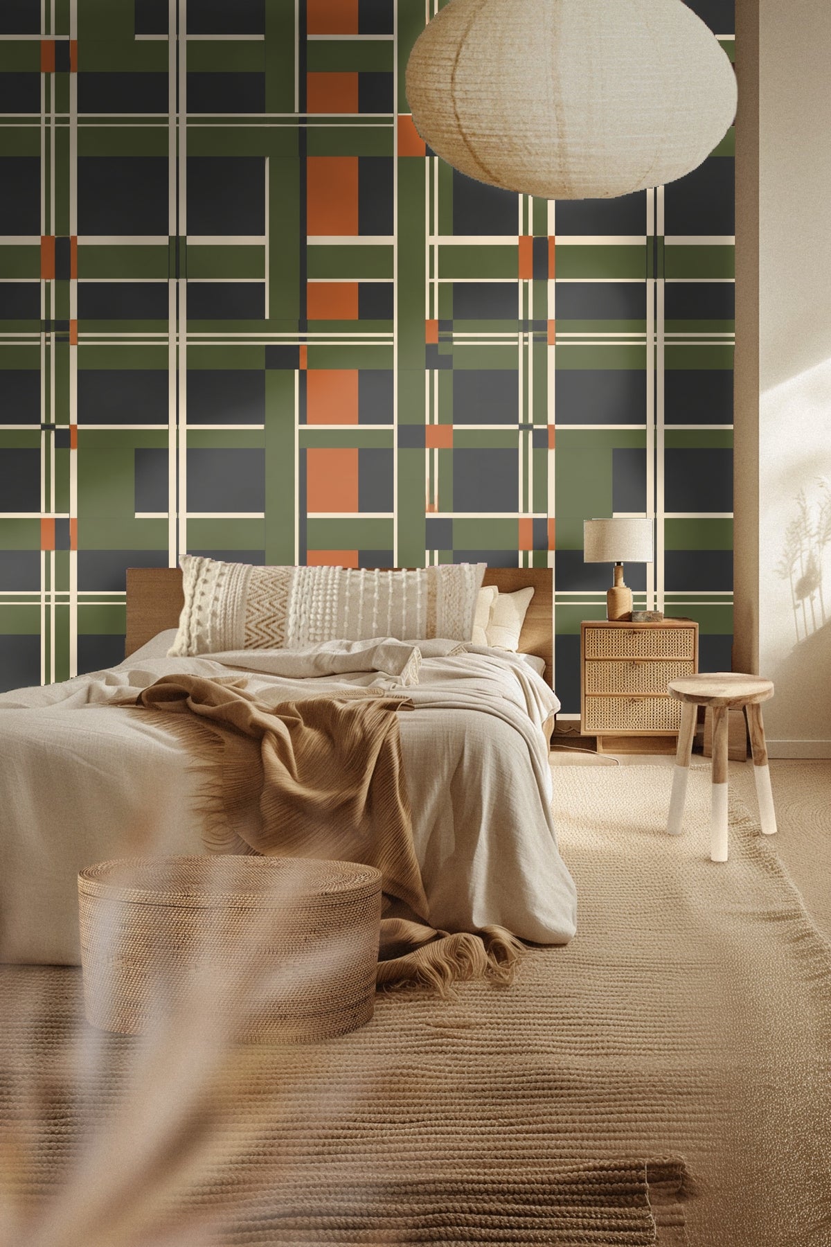 Full wall installation of Moss Cinder Interlace showing overall pattern scale and repeat in a modern setting