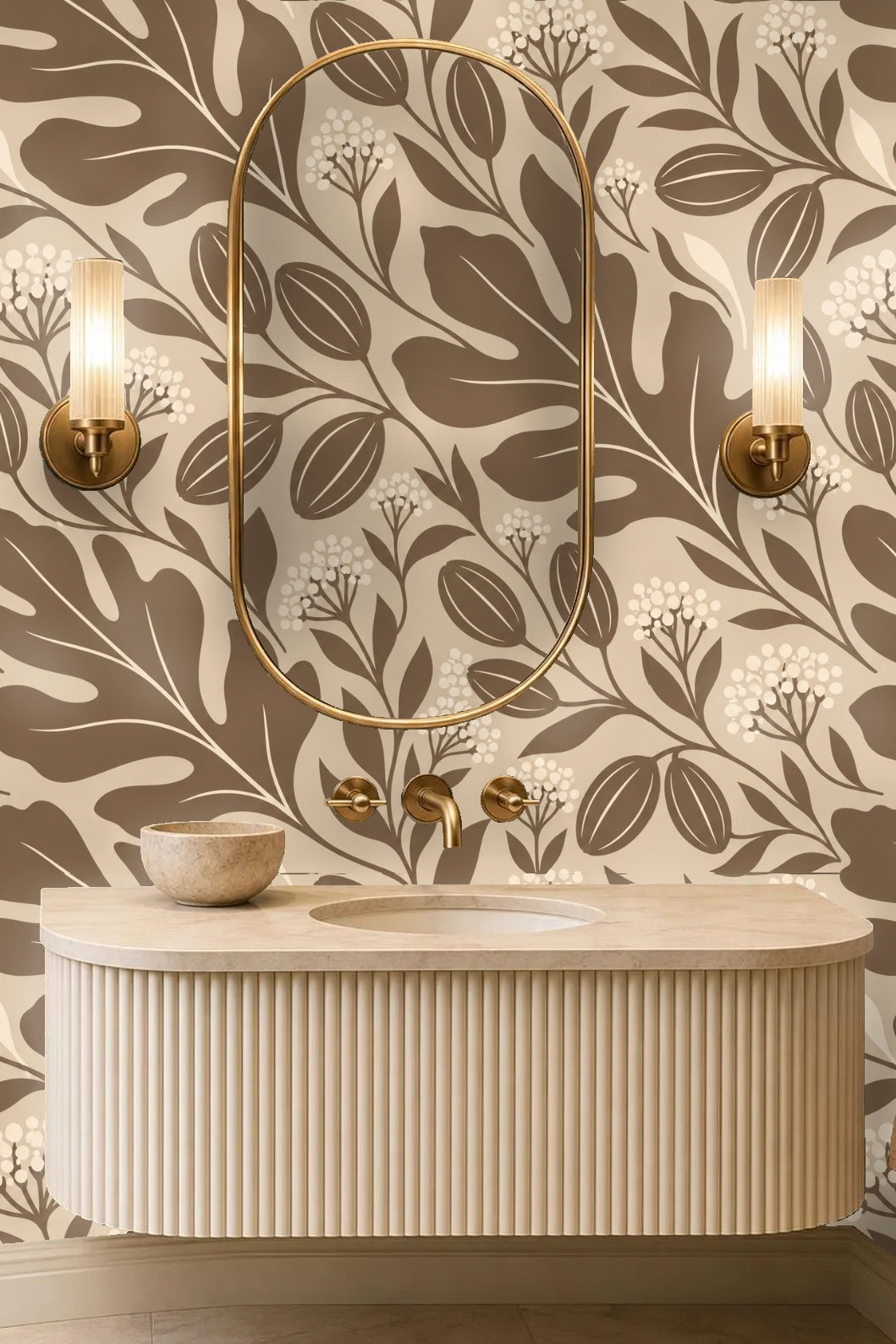 Pattern repeat of brown leaves curling with small berry clusters