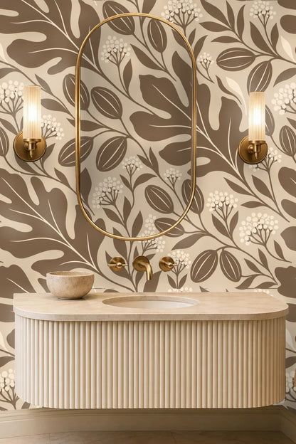Pattern repeat of brown leaves curling with small berry clusters