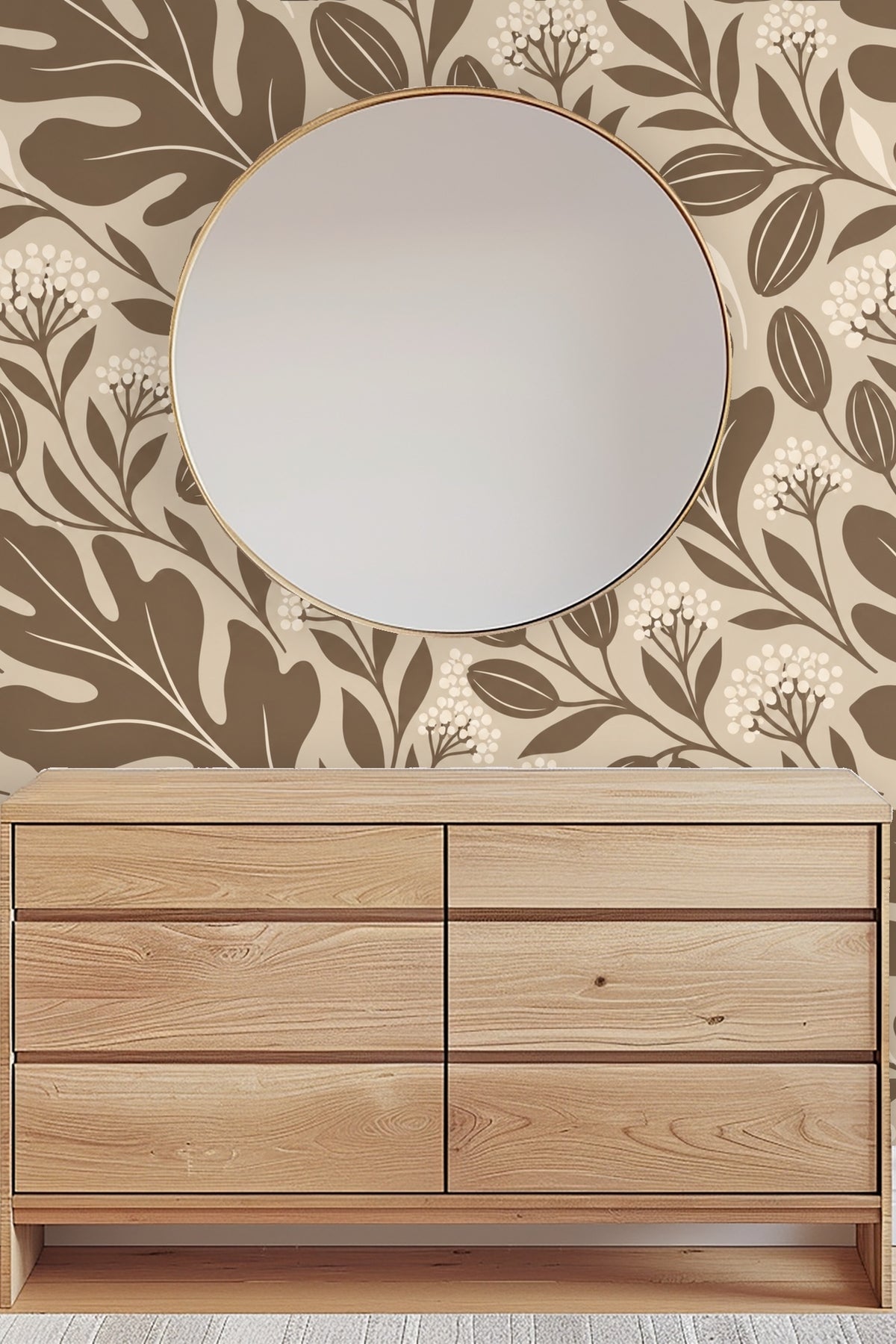 Wooden bench in entryway with beige pillows against wallpapered wall