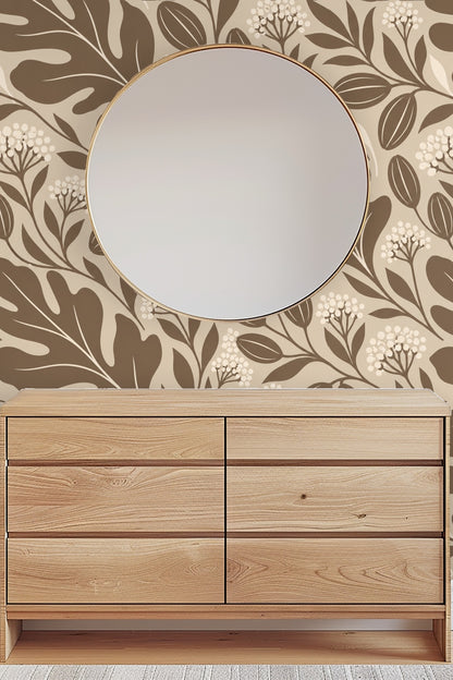 Wooden bench in entryway with beige pillows against wallpapered wall