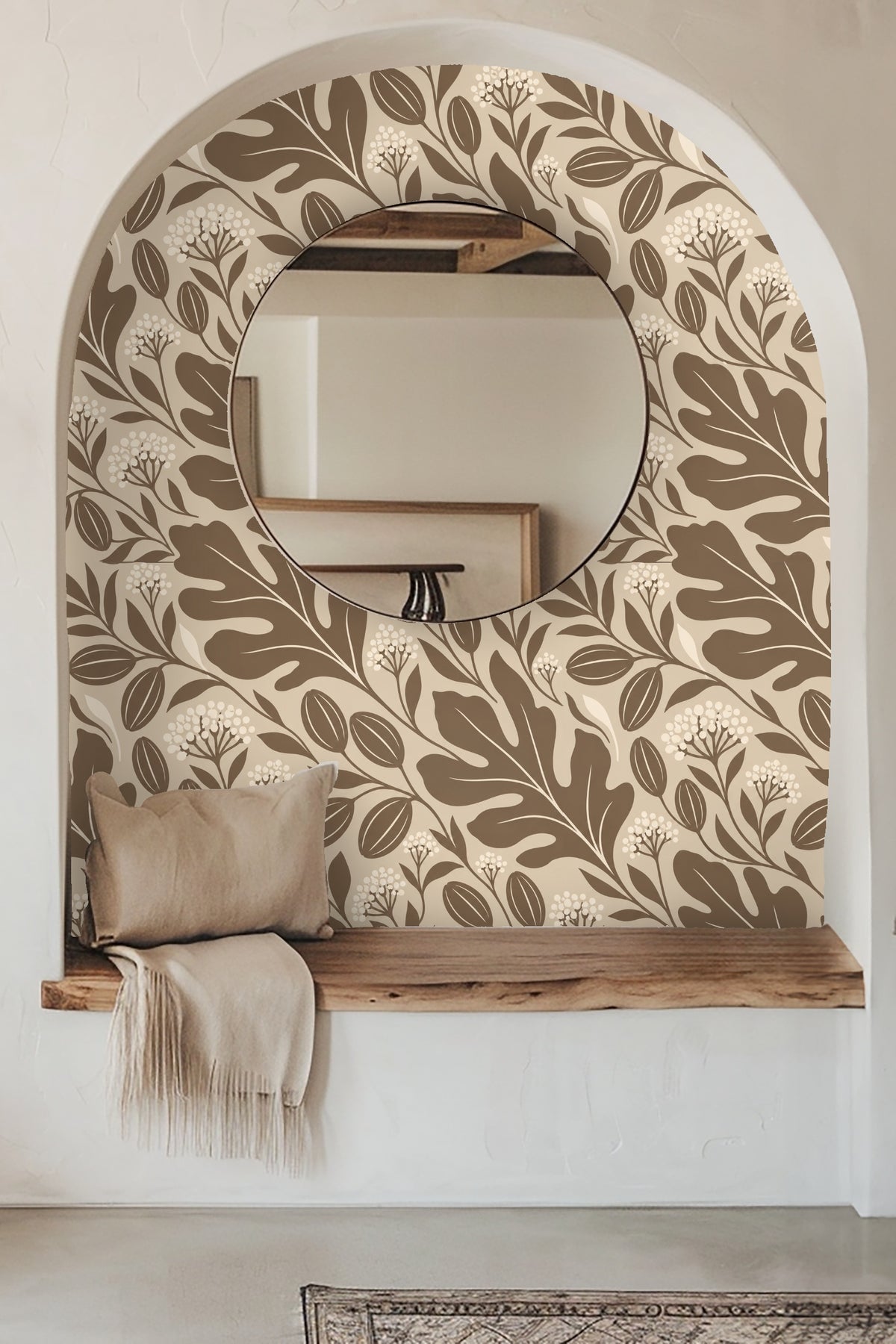 Bathroom medicine cabinet with wooden shelves and items against Sable Leaf Silhouettes wallpaper