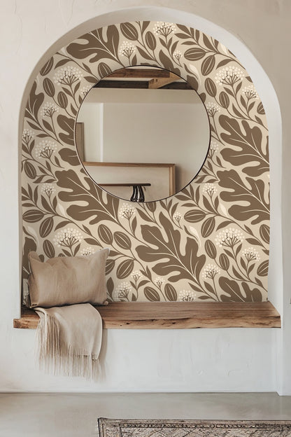 Bathroom medicine cabinet with wooden shelves and items against Sable Leaf Silhouettes wallpaper