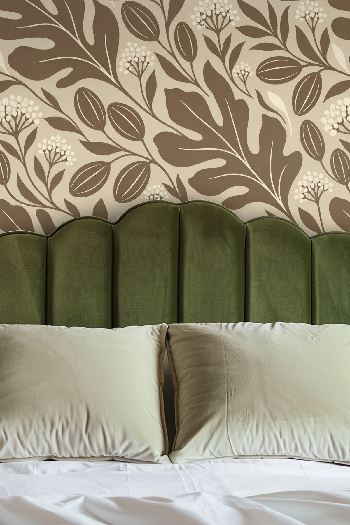 Entryway niche featuring round mirror and cosy bench with Sable Leaf Silhouettes wallpaper backdrop