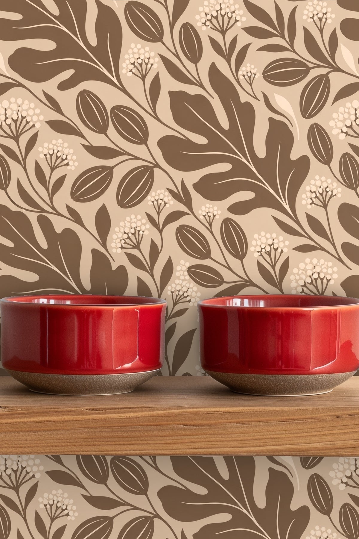 Round mirror mounted on archway with wallpaper background