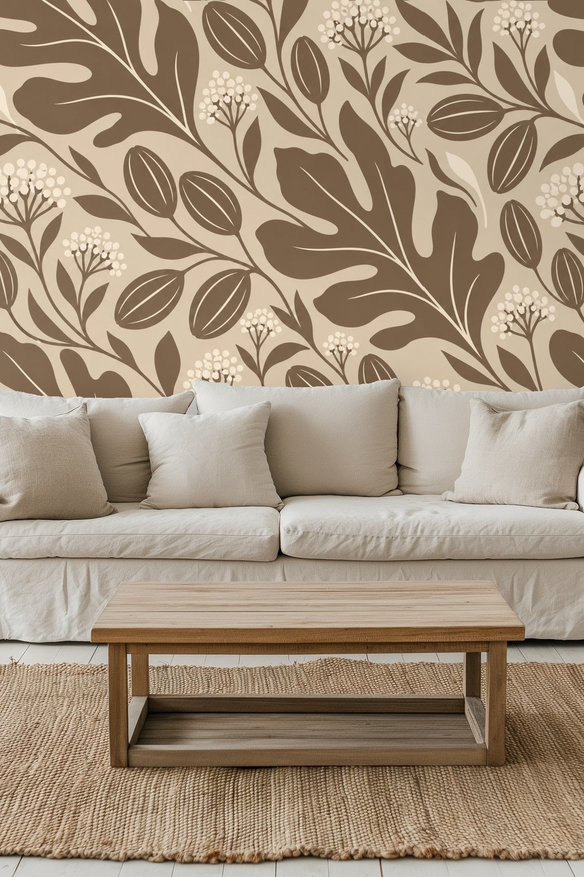 Close-up of Sable Leaf Silhouettes wallpaper pattern showing flowing leaves and berries