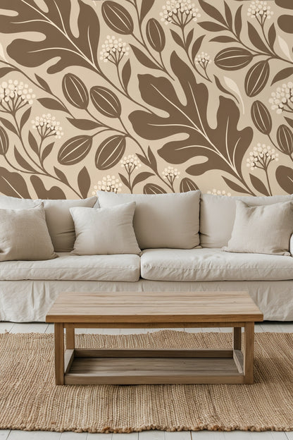 Close-up of Sable Leaf Silhouettes wallpaper pattern showing flowing leaves and berries