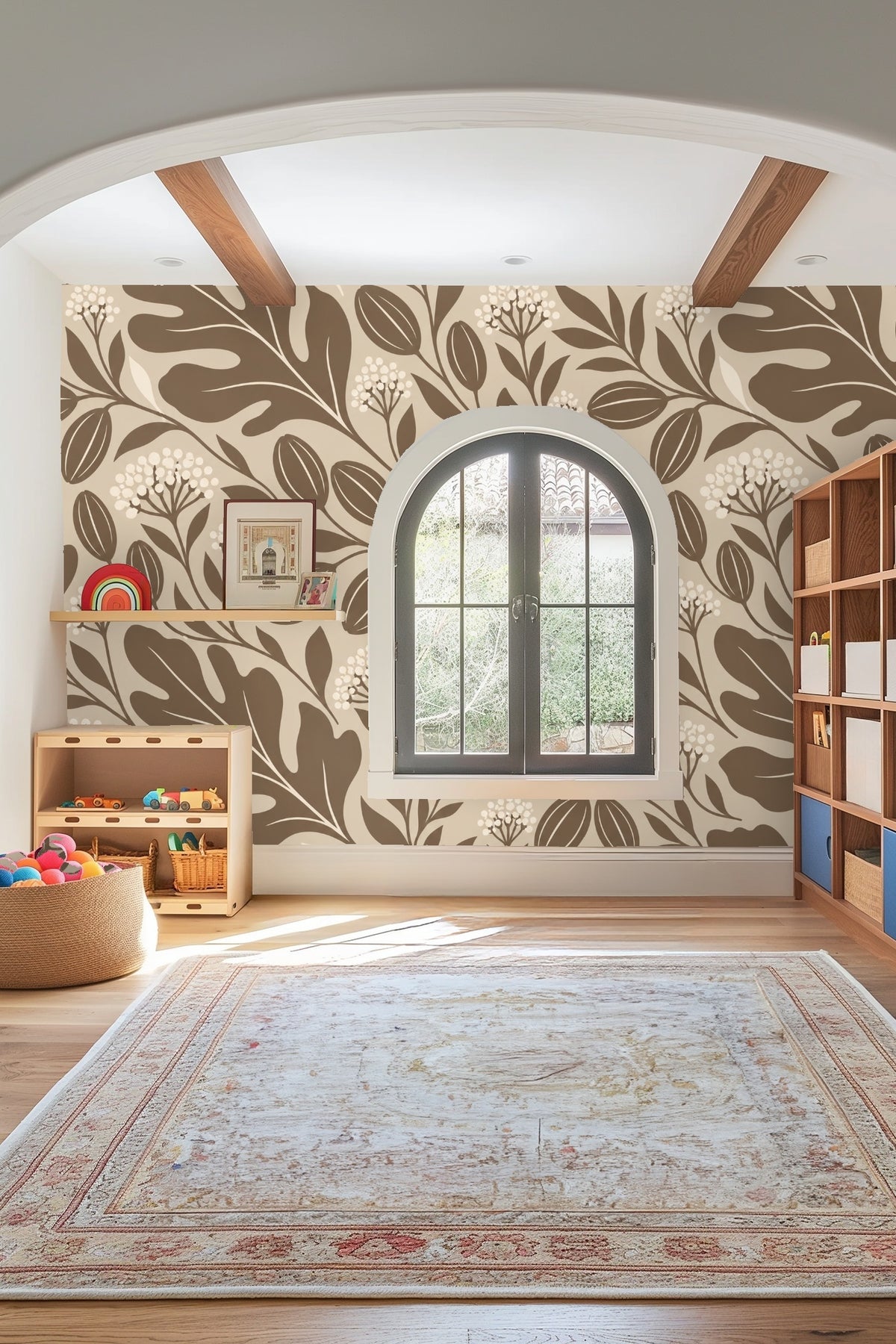 Detail of botanical leaves and white berry clusters in wallpaper design