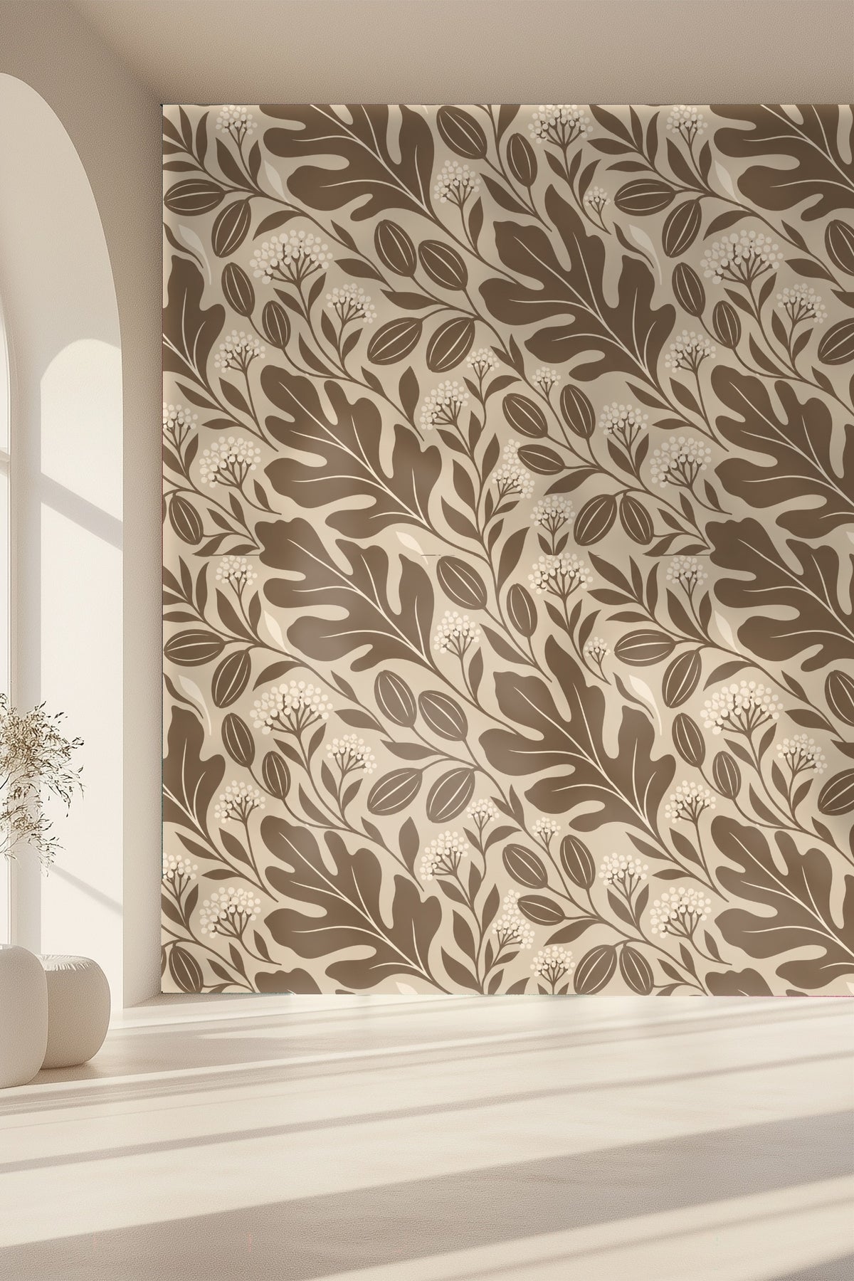 Neutral-toned interior space showcasing wallpaper detail