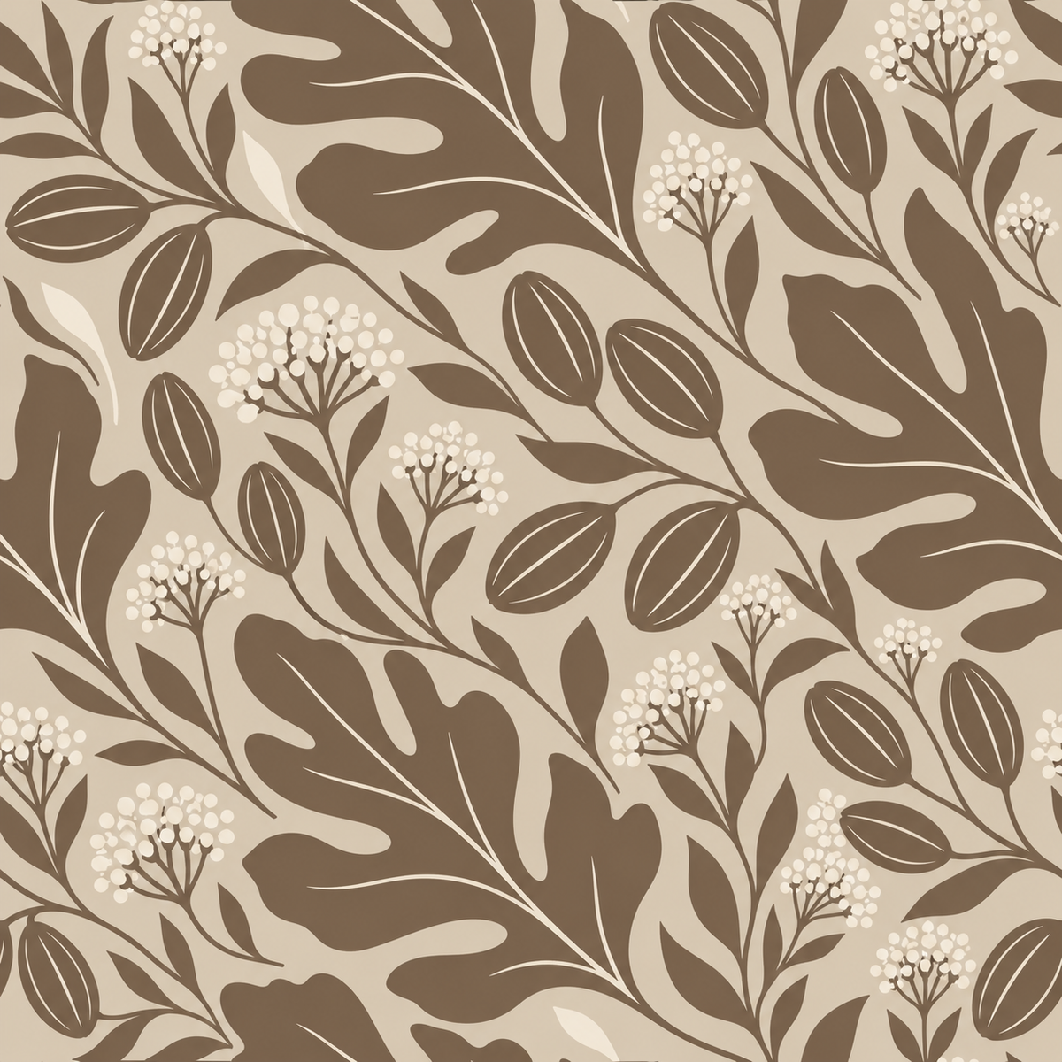 Decorative nature-inspired wallpaper with stylized leaves and berries
