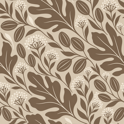 Decorative nature-inspired wallpaper with stylized leaves and berries